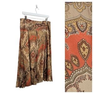 Nygard Silk Midi Skirt Size 12 Paisley Print Brown Beige Elegant Vintage Boho